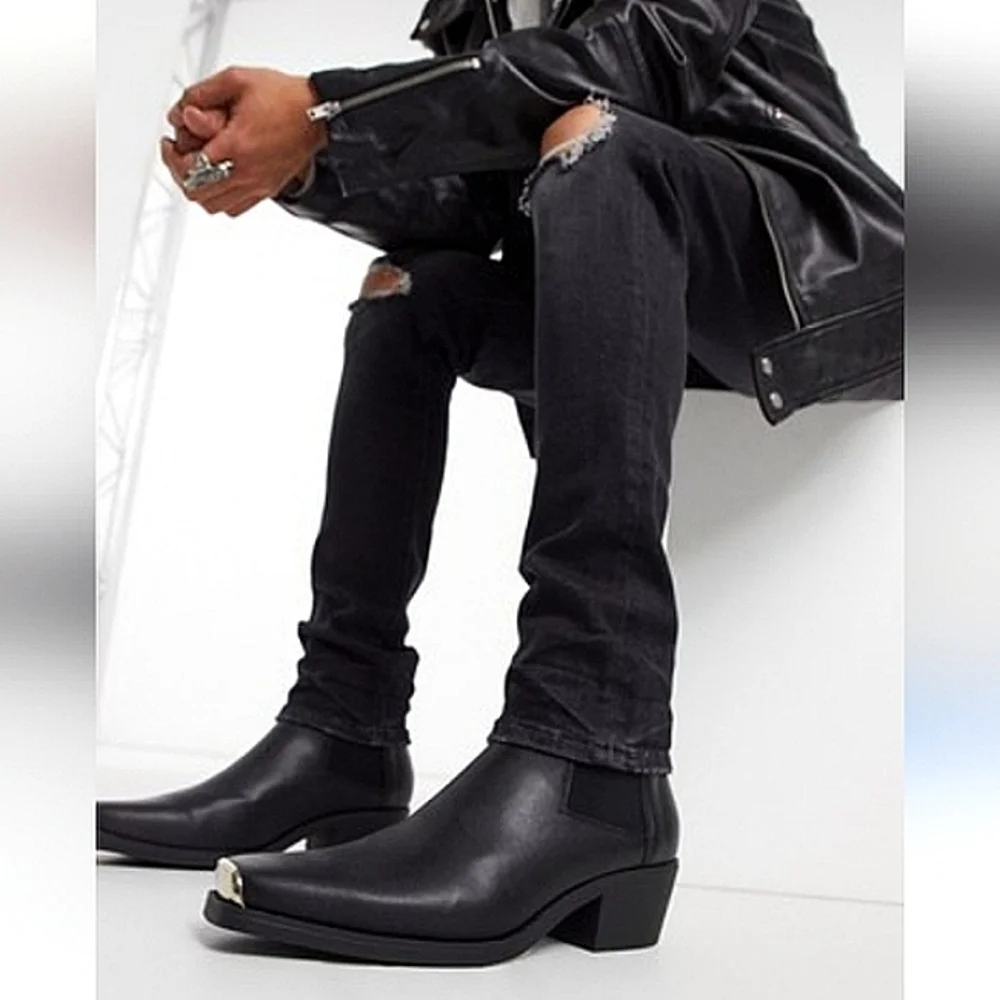 New w/o Box Asos Design Men's Cuban Heel Faux Leather Western Chelsea Boots